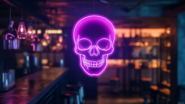 Neon Skull Wallpaper, Glowing neon skull floating in dark void.