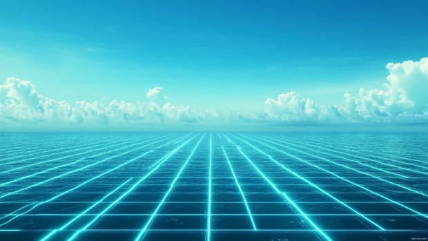 Neon aqua grid, minimalist retrowave, calming blue background, softly lit horizon.