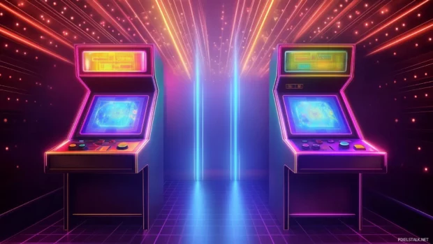 Neon arcade lights, retro 80s consoles, glowing decor, colorful scene, retro aesthetic.