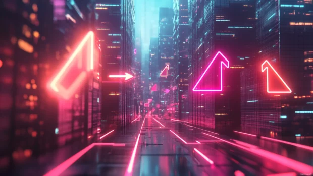 Neon arrows pointing through surreal cityscape.