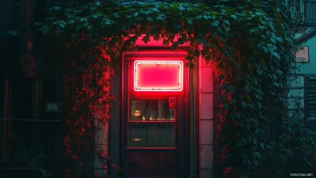 Neon art gallery sign shining behind ivy wall.