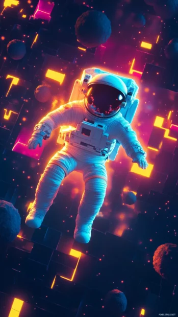 Neon astronaut floating among glowing comets.