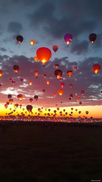 Neon balloons rising into electric dawn.