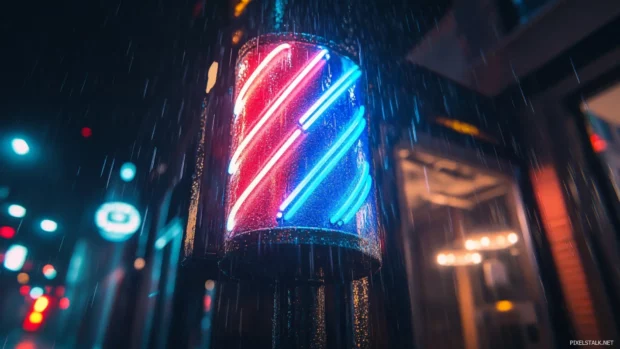Neon barber shop pole spinning under rain.