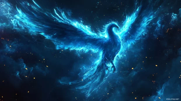 Neon blue phoenix rising from scattered embers.