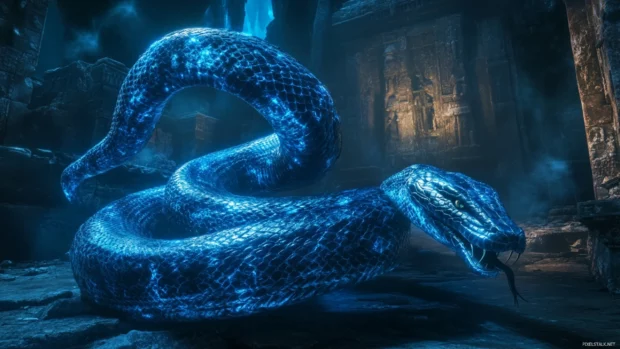 Neon blue serpent coiled around ancient ruins.