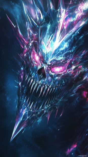 Neon blue skull, glowing edges, pink purple highlights, dark background.