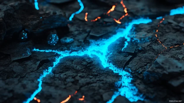 Neon blue veins pulsing through blackened city ruins.