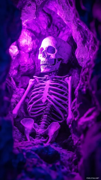 Neon bones crawling from a tunnel of shadows in surreal dark trippy atmosphere.