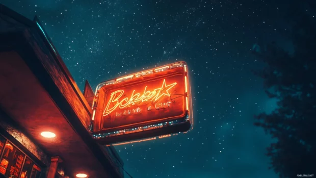 Neon bookstore sign flickering under starry night.