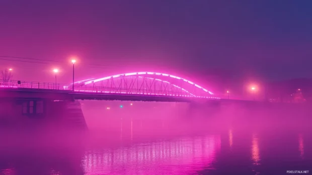 Neon bridge arching across pink mist river.