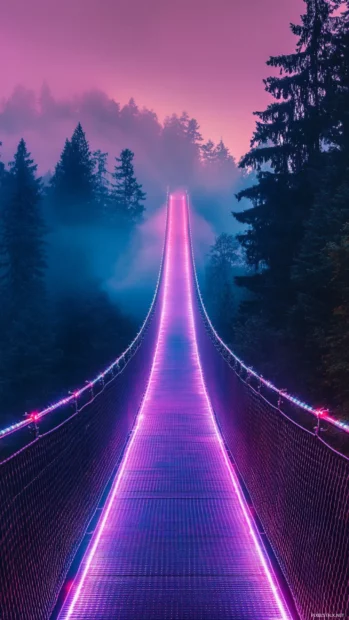 Neon bridge stretching across misty valley.