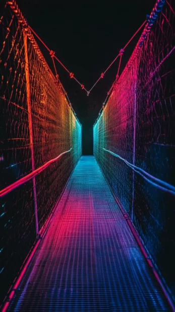 Neon bridge stretching through black void.