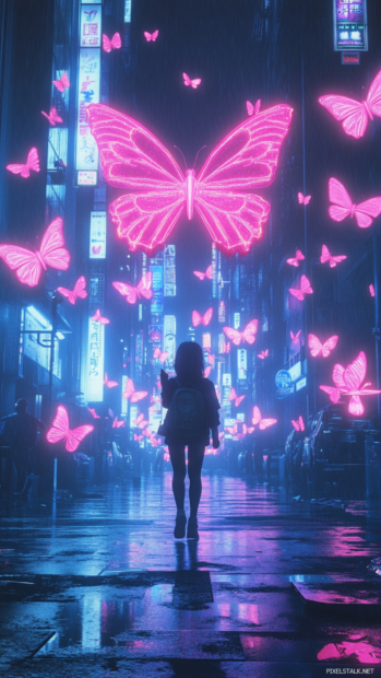 Neon butterflies drift around a girl plugged into the city core.