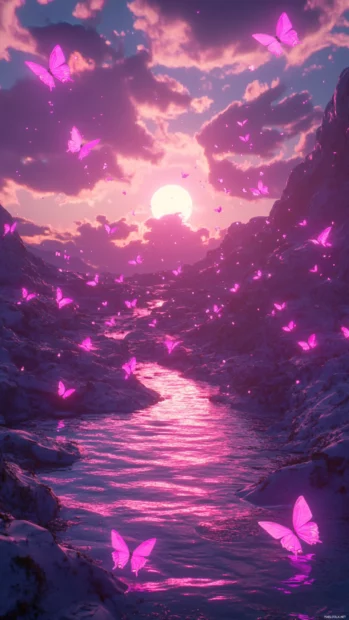 Neon butterflies swarming around a synthwave valley.