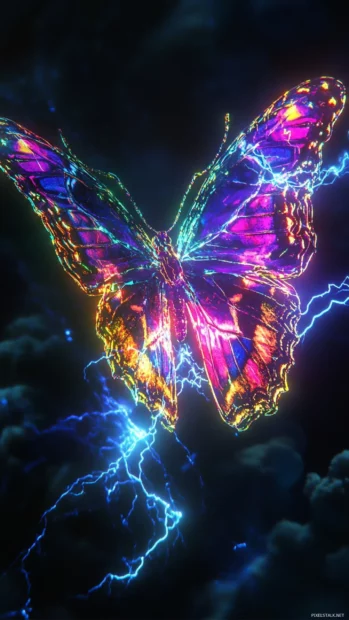 Neon butterfly emerging from electric storm.