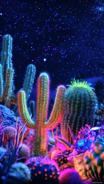Neon cactus garden glowing under stars.