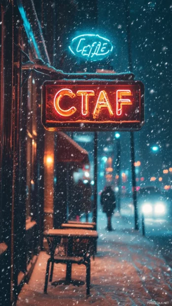 Neon cafe sign flickering gently under falling snow.