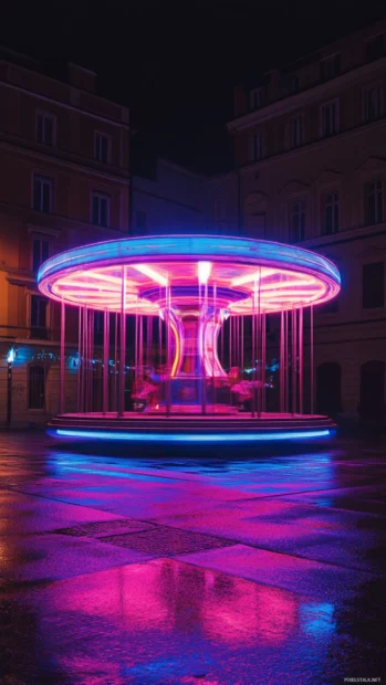 Neon carousel spinning in empty square.