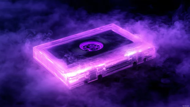 Neon cassette tape, glowing, dark backdrop, smoky hint, modern nostalgic music feel.