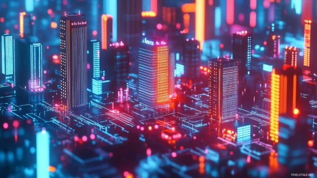 Neon circuit board, glowing nodes complex pathways, vector art, D illustration.