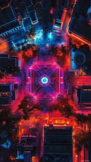 Neon city square viewed from a drone perspective, highly favored for Cyberpunk themed phones.