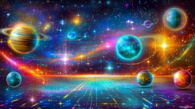 Neon cosmic scene, glowing planets, vibrant stars, radiant light trails, vector illustration.