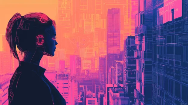 Neon cyberpunk background with a female android vigilante overlooking a bustling, high tech city.