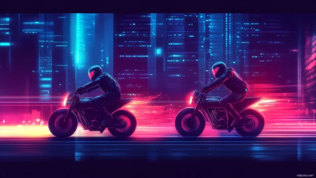 Neon cyberpunk skyline background, Cyberpunk bikers speeding under neon arches at midnight.