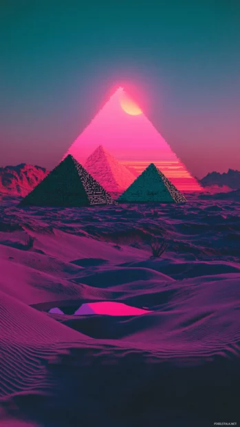 Neon desert with floating pyramids and pixelated mirage effects in cool trippy form.