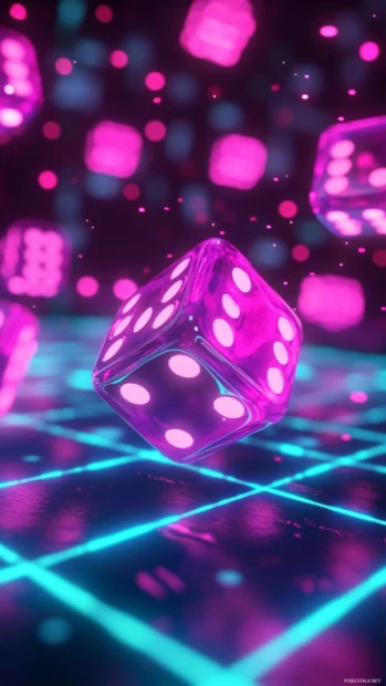Neon dice rolling across glowing board.