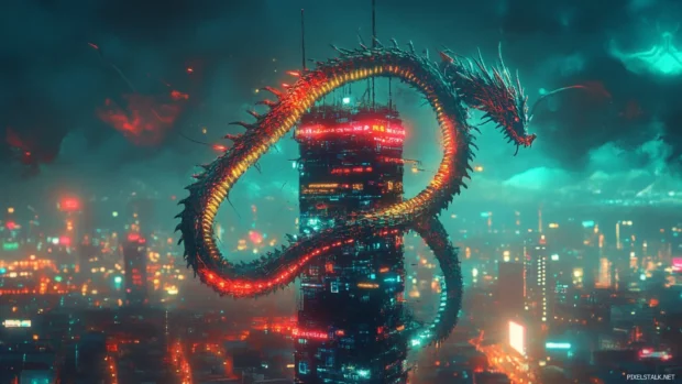 Neon dragon coiled around digital tower.