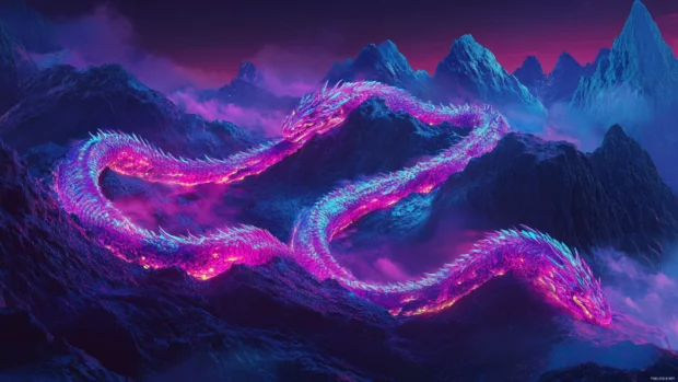 Neon dragon curling around a dark mountain ridge.