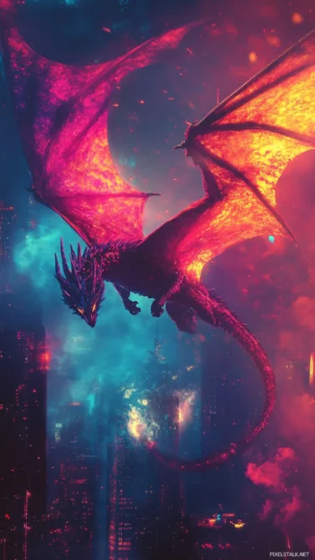 Neon dragon soaring across a misty skyline.