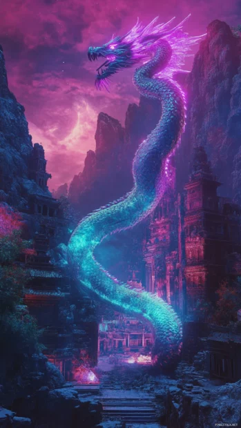 Neon dragon twisting above lost temple.