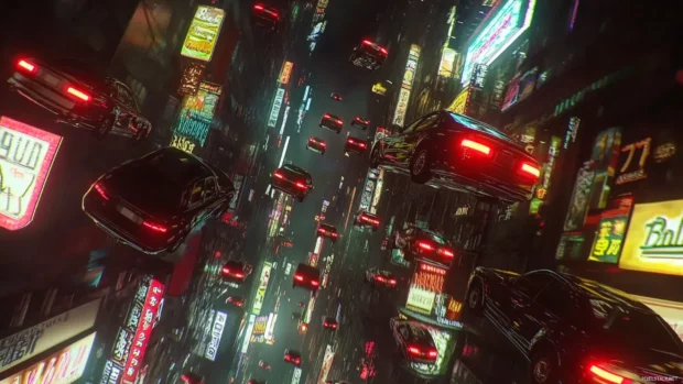 Neon drenched streets filled with flying cars.