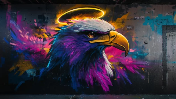 Neon feathered eagle in graffiti with halo rings over head.