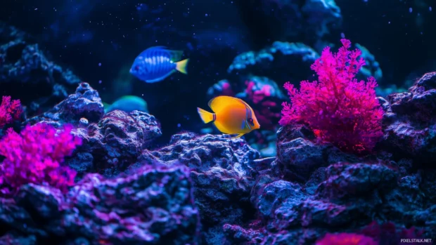 Neon fish filled tank, futuristic LED lighting, blue purple hues casting, colorful rocks plants.