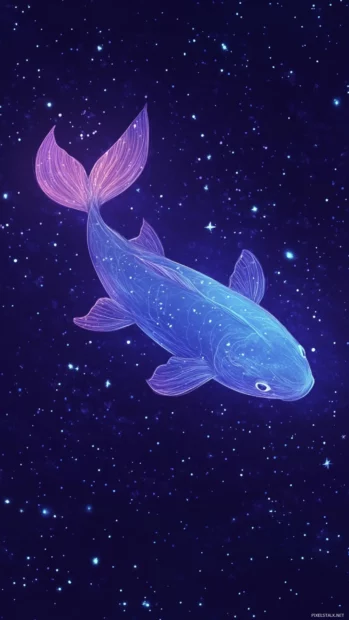 Neon fish swimming through starlit sea.