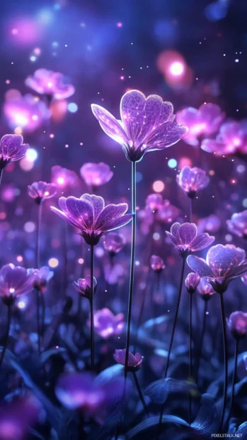 Neon flower garden glowing in magical purple space.