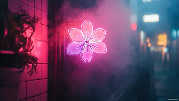 Neon flower shop sign surrounded by mist.