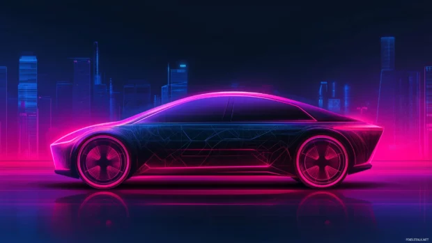 Neon futuristic car, dynamic lighting glowing patterns, sleek body, glowing urban landscape, neon lines contours, vector.