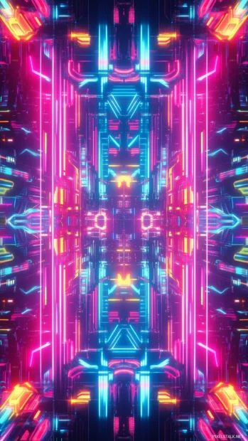 Neon futuristic city street, vibrant neon signs pink blue green, smooth glowing lines, reflections, cyberpunk atmosphere.