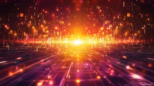 Neon futuristic grid landscape glowing, pulsating horizon, vector art, D illustration.