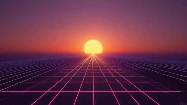 Neon grid design, minimalist retrowave, soft glow, gradient sky purple orange, horizon fade.