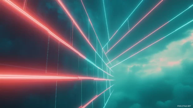 Neon grid glowing blue aqua, sleek retrowave, gradient sky deep navy turquoise, subtle light flares.