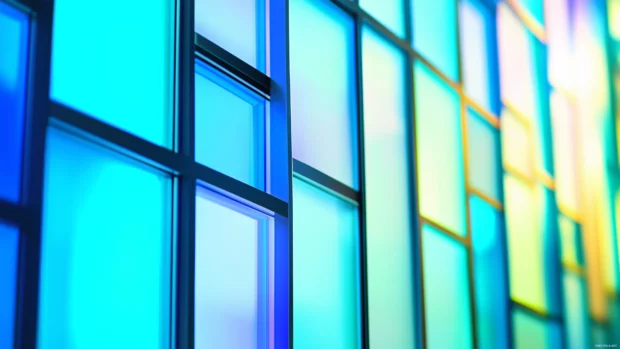 Neon grid in blue aqua, refined retrowave, elegant gradient sky, soft cyan and deep blue, light reflections.