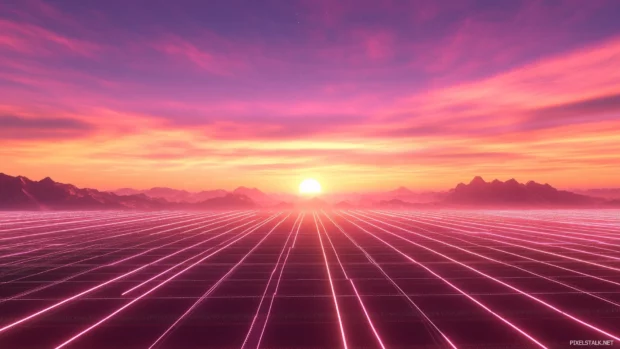 Neon grid stretching, vibrant retrowave, glowing horizon, pink and purple sun, mountain range.