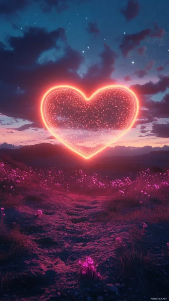Neon heart constellation shimmering above desert.