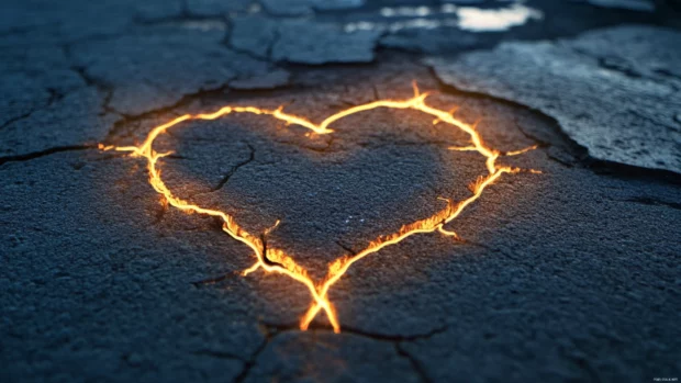 Neon heart etched into cracked pavement.
